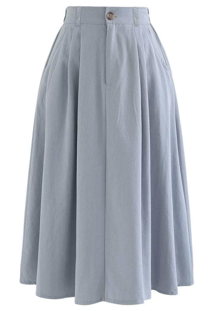 Slant Pockets A-Line Midi Skirt in Dusty Blue