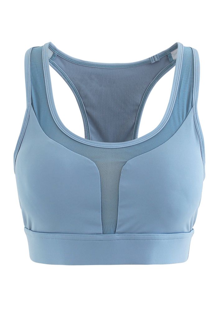 I-Shaped Back Pocket Mesh-Insert Low-Impact Sports Bra in Blue