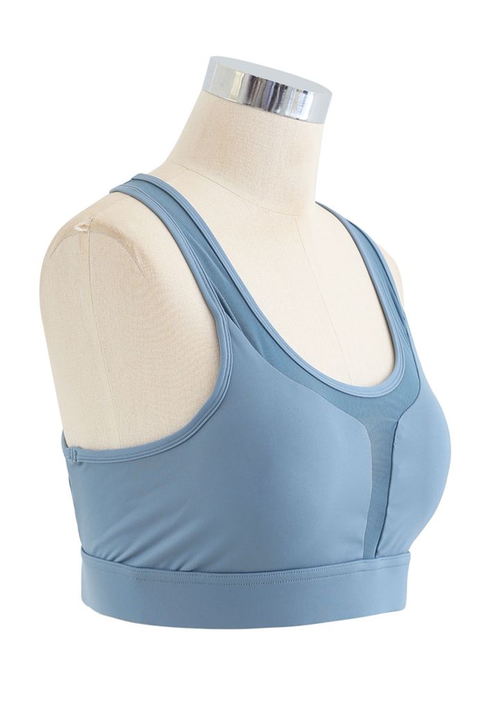 I-Shaped Back Pocket Mesh-Insert Low-Impact Sports Bra in Blue