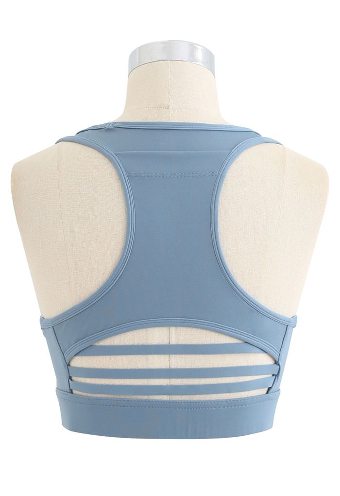 I-Shaped Back Pocket Mesh-Insert Low-Impact Sports Bra in Blue