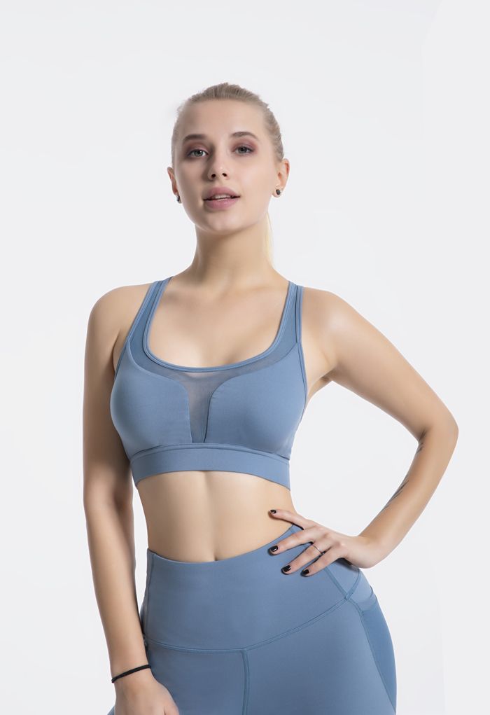 I-Shaped Back Pocket Mesh-Insert Low-Impact Sports Bra in Blue