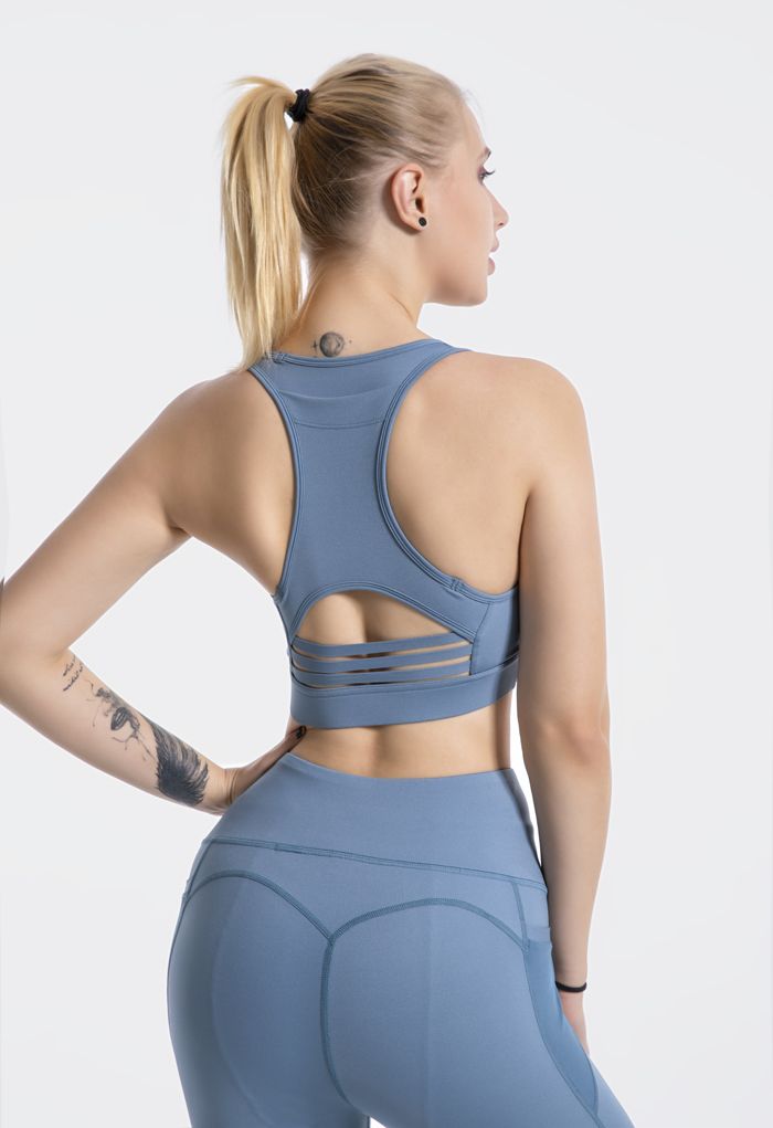 I-Shaped Back Pocket Mesh-Insert Low-Impact Sports Bra in Blue