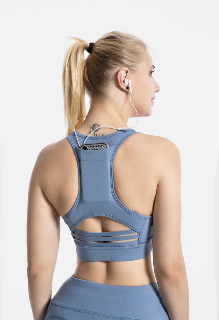 I-Shaped Back Pocket Mesh-Insert Low-Impact Sports Bra in Blue