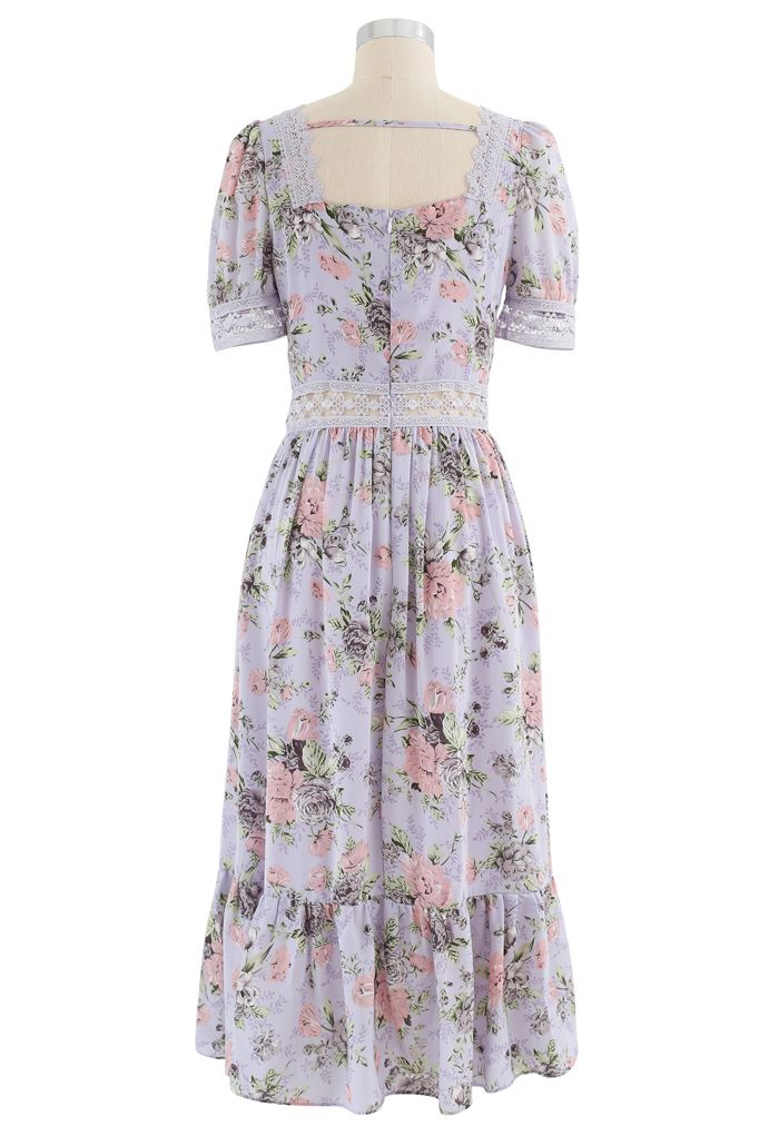 Crystal Button Crochet Floral Square Neck Dress in Lavender