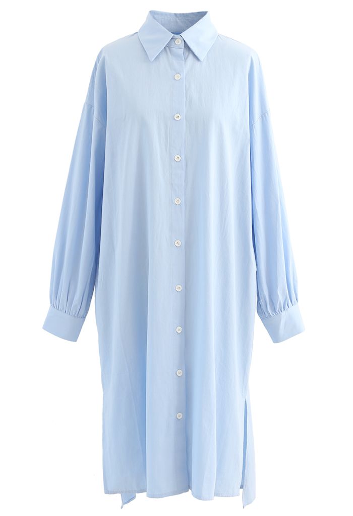 Asymmetric Split Hem Button Down Shirt Dress in Blue