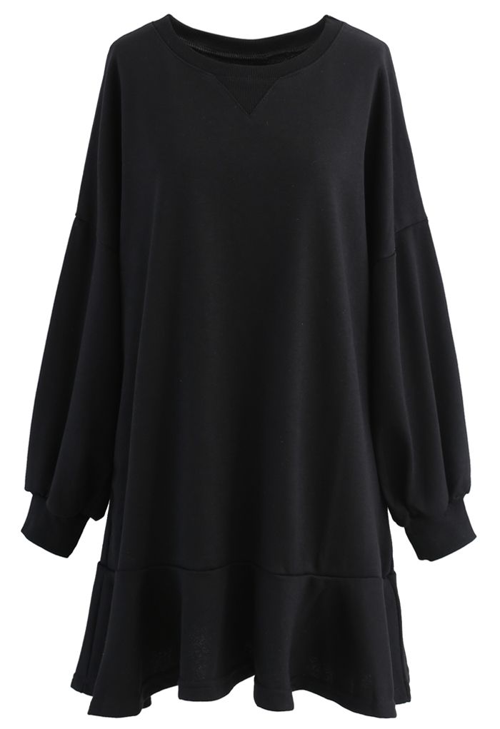 Ruffle Hem Sleeves Shift Mini Dress in Black