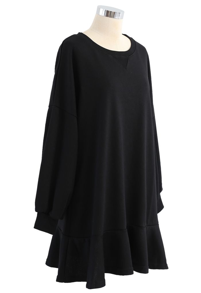 Ruffle Hem Sleeves Shift Mini Dress in Black