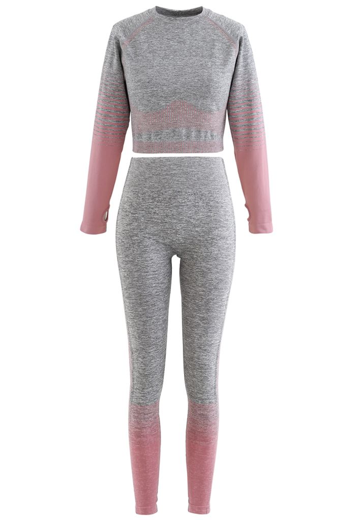 Striped Seamless Crop Top and Ankle-Length Leggings Set in Pink