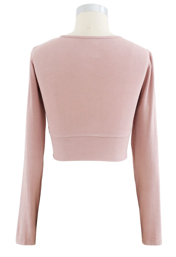 Buttoned Long Sleeves Crop Top in Dusty Pink
