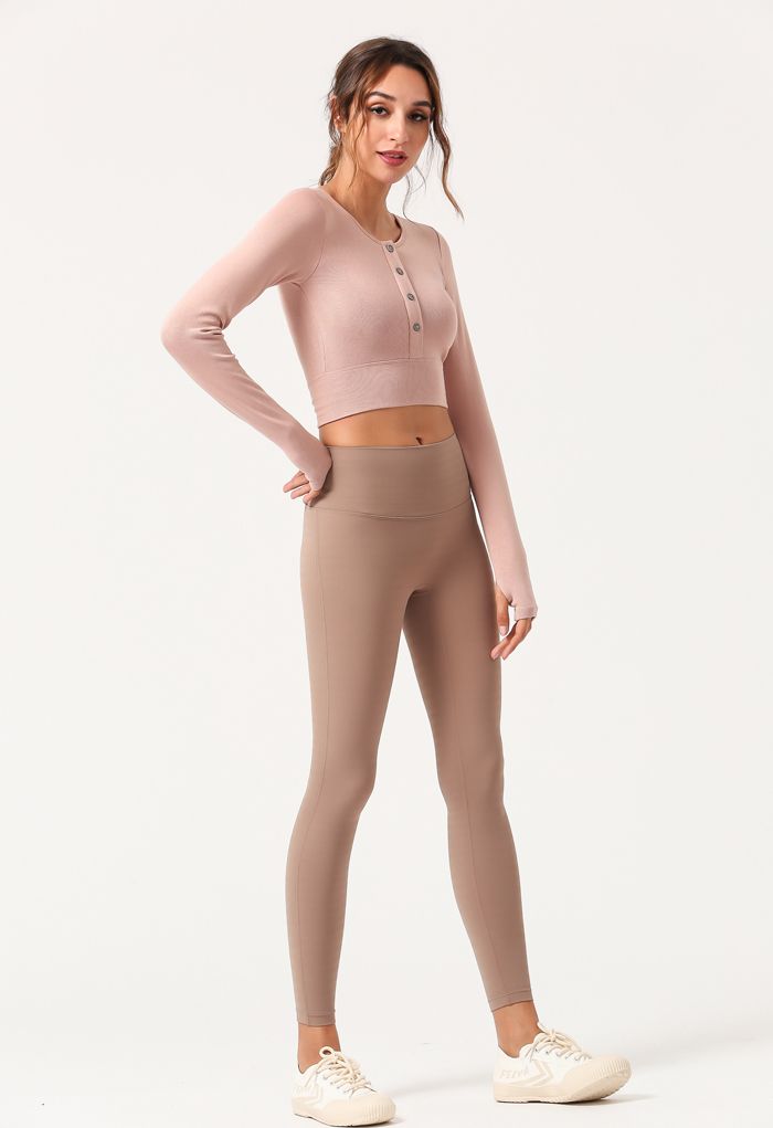 Buttoned Long Sleeves Crop Top in Dusty Pink