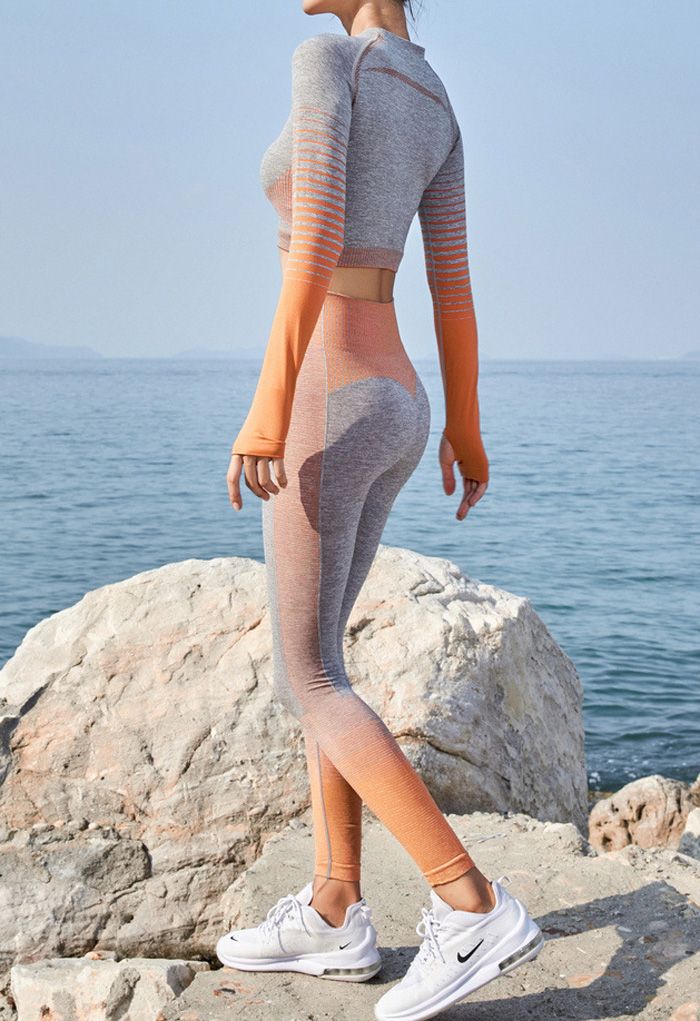 Striped Seamless Crop Top and Ankle-Length Leggings Set in Orange