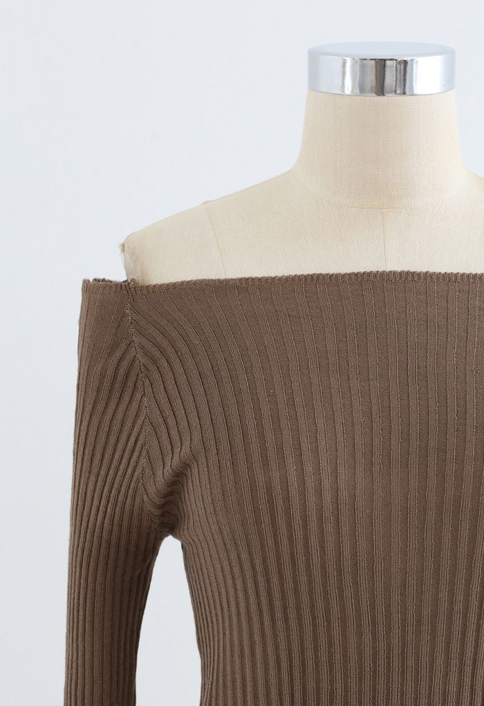 Fitted Off-Shoulder Ribbed Knit Top in Brown