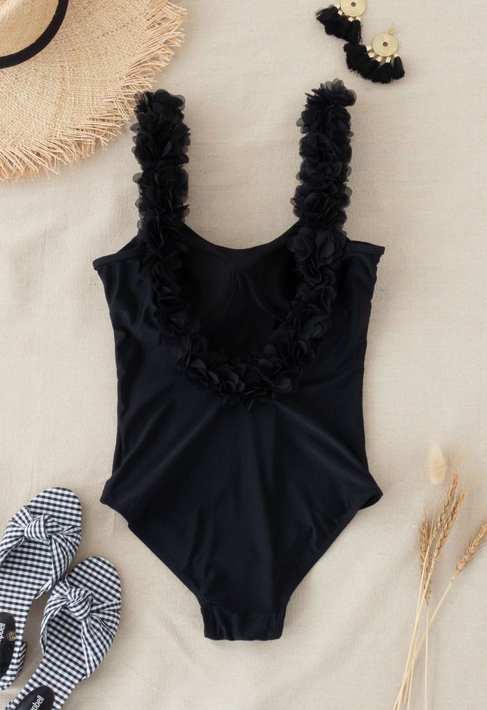 Solid Black 3D Floral Straps Scoop Back Swimsuit
