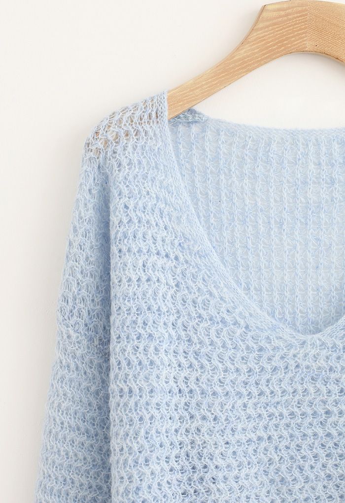 Fluffy Knit Hollow Out Crop Sweater in Blue