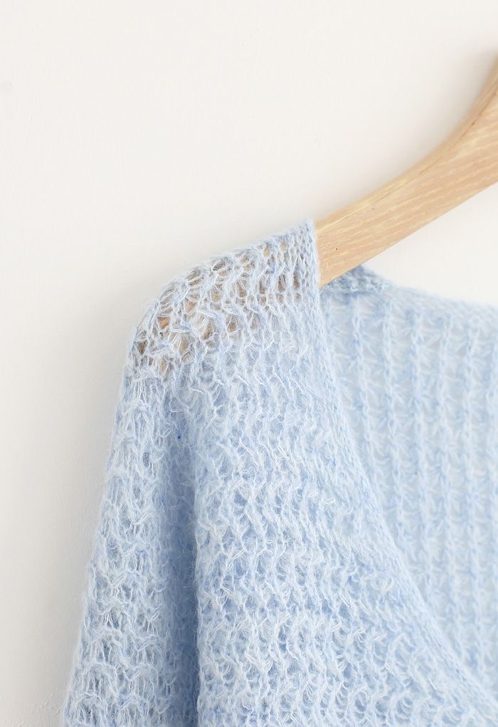 Fluffy Knit Hollow Out Crop Sweater in Blue