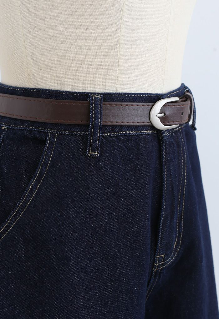 Navy Denim High-Waist Mom Shorts with Belt