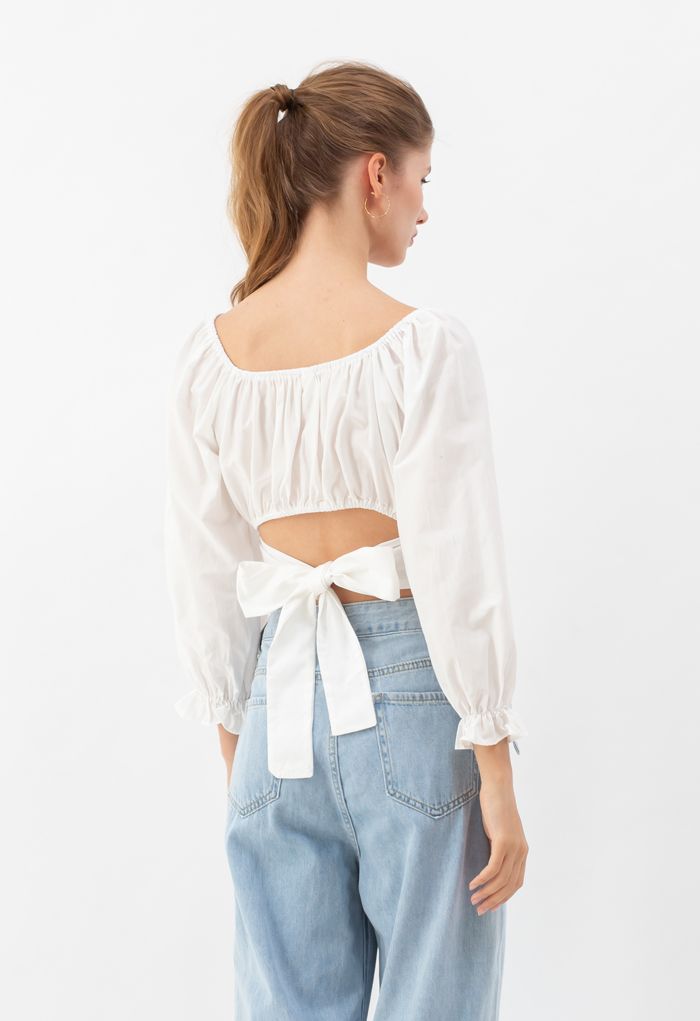 Bow Tie Back Cropped Top in White