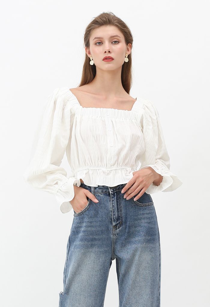 Square Neck String Button Crop Top in White