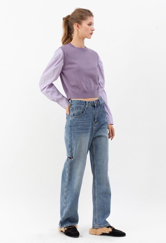 Stripe Sleeves Panel Knit Sweater in Violet