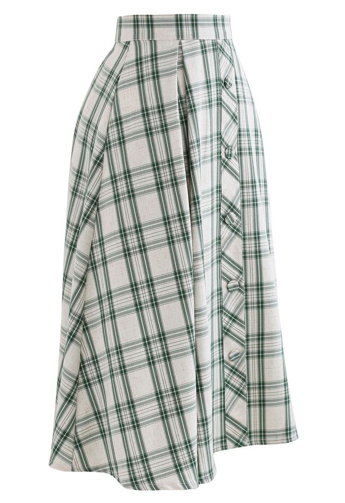 Green Check Button Trim Pleated Skirt