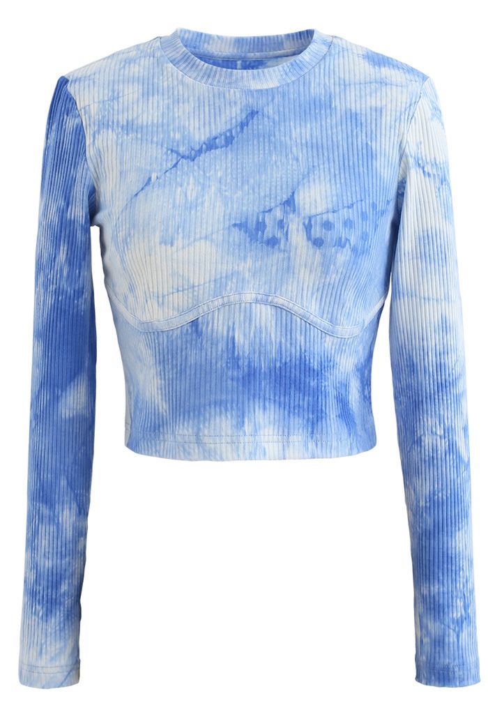 Cotton Long Sleeves Blue Tie Dye Crop Top