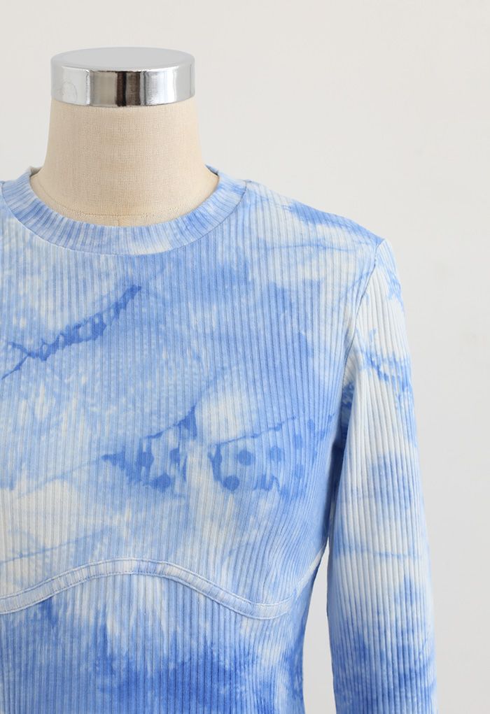 Cotton Long Sleeves Blue Tie Dye Crop Top