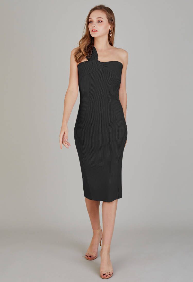 One-Shoulder Knotted Bodycon Knit Dress in Black