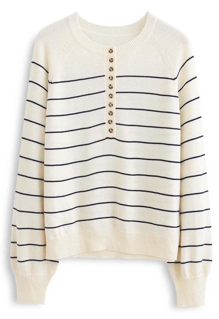 Striped Button Knit Sweater in Cream