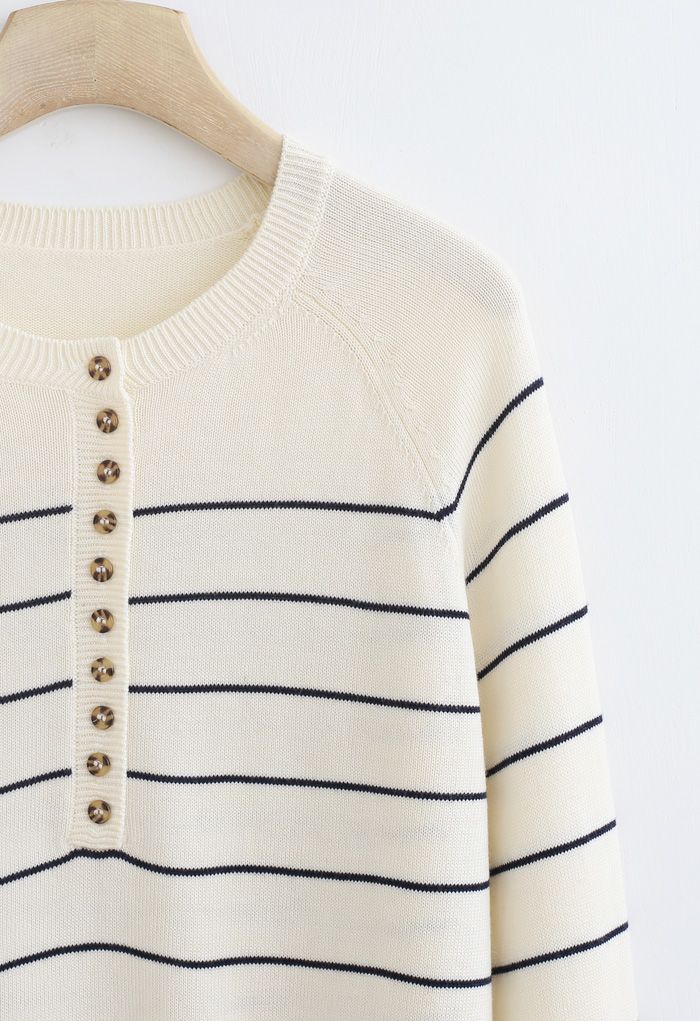 Striped Button Knit Sweater in Cream