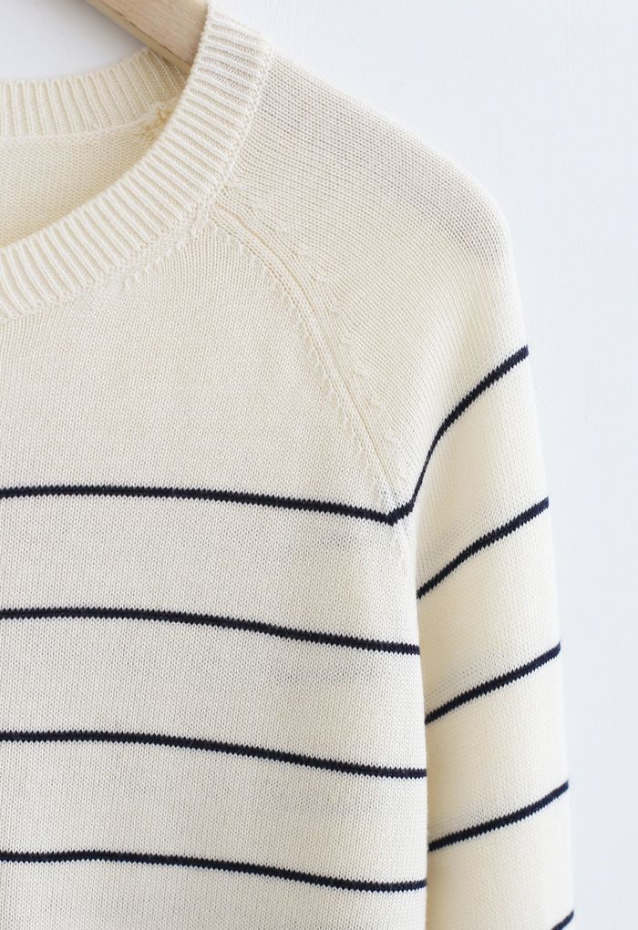 Striped Button Knit Sweater in Cream