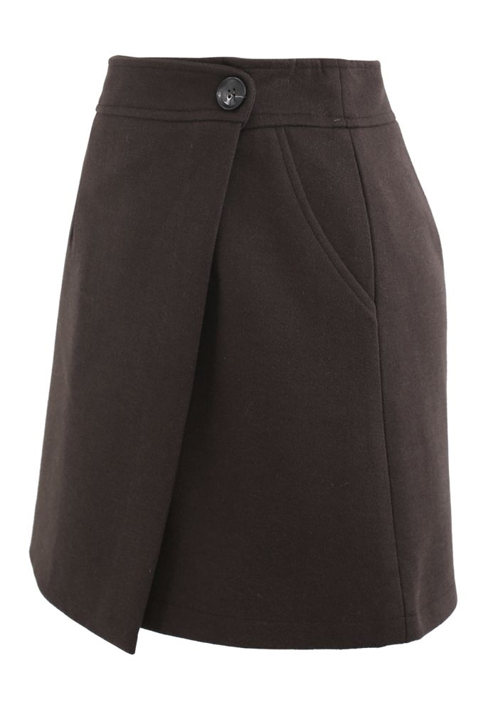 Flap Button Wool-Blend Mini Skirt in Brown