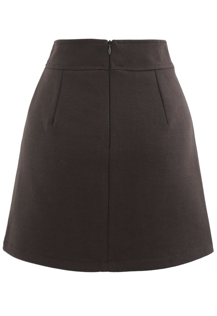 Flap Button Wool-Blend Mini Skirt in Brown