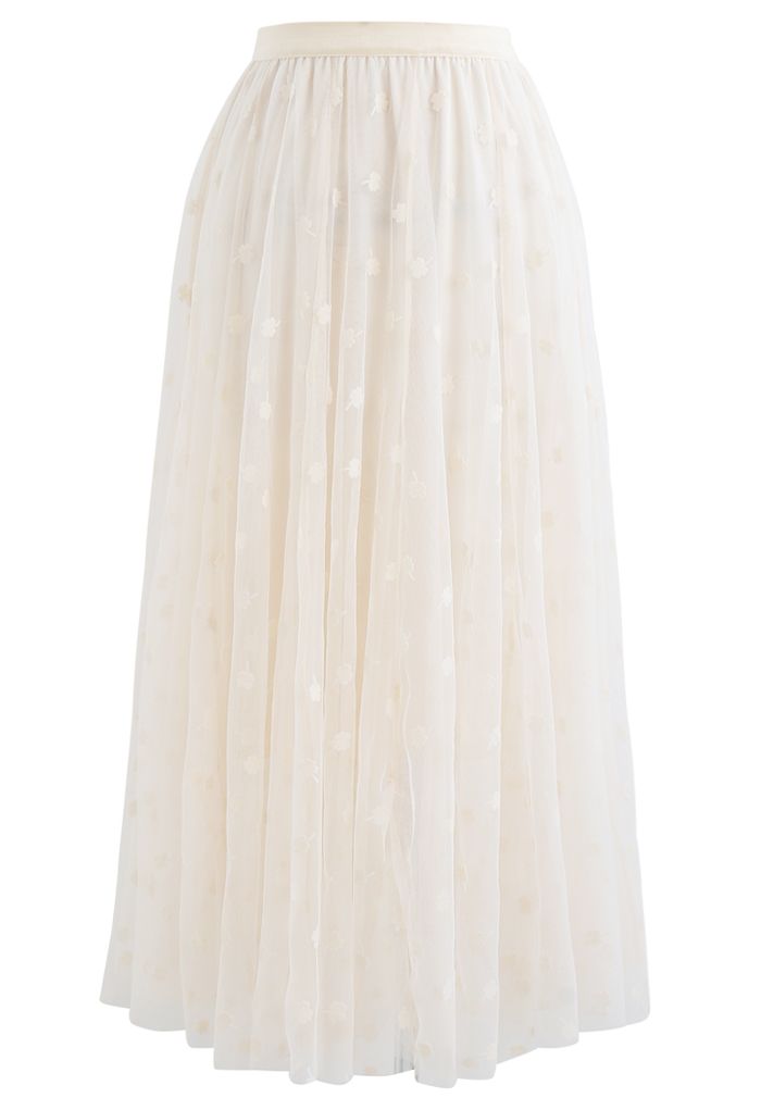 3D Clover Double-Layered Mesh Midi Skirt in Cream