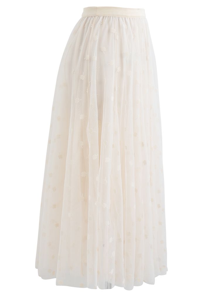 3D Clover Double-Layered Mesh Midi Skirt in Cream