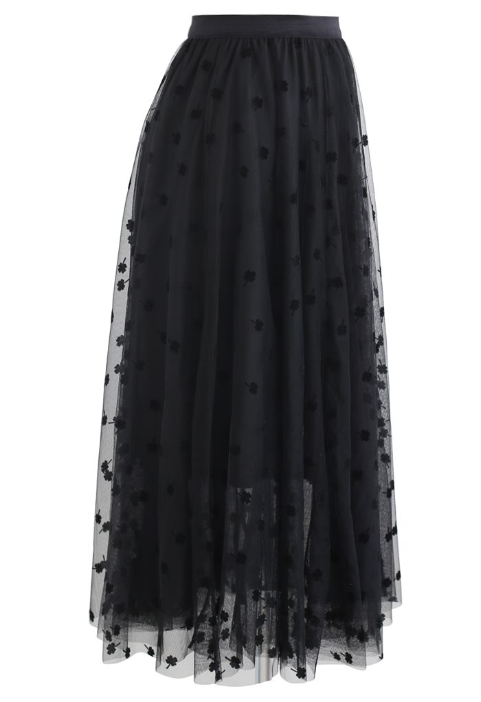 3D Clover Double-Layered Mesh Midi Skirt in Black