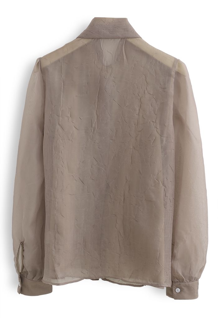 Sheer Bowknot Button Down Shirt in Taupe