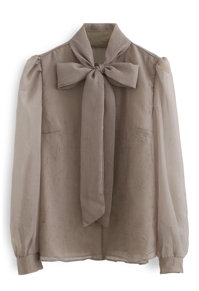 Sheer Bowknot Button Down Shirt in Taupe