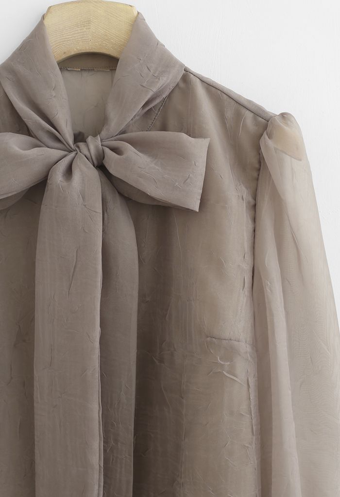 Sheer Bowknot Button Down Shirt in Taupe