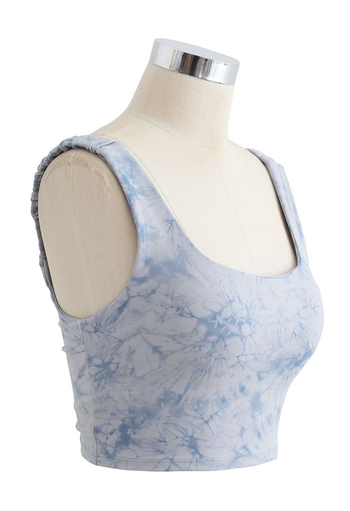 Tie-Dye Elasticated Cutout Back Sports Bra in Blue