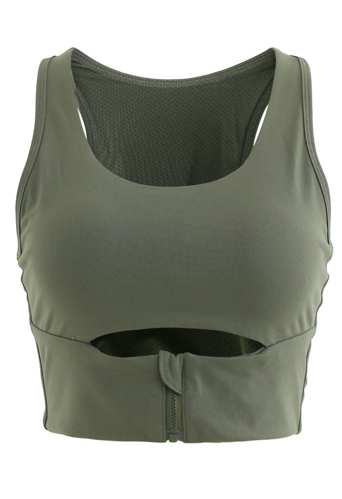 Zipper Cut Out Front Low-Impact Sports Bra in Army Green