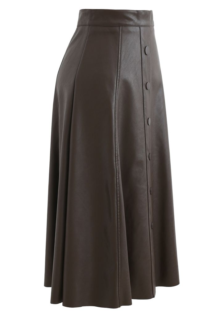 Buttoned Soft Faux Leather A-Line Skirt in Brown