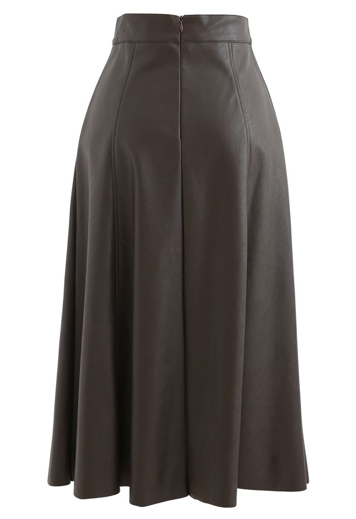 Buttoned Soft Faux Leather A-Line Skirt in Brown