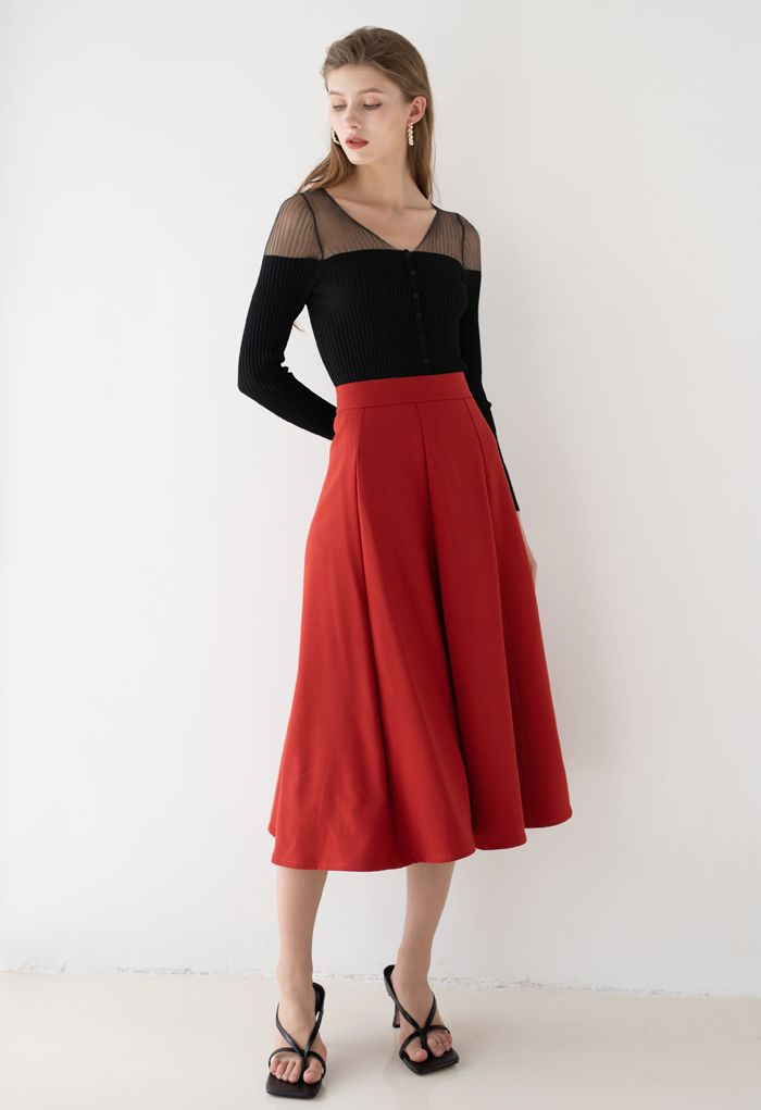 Seam Detail Flare Hem Midi Skirt in Red