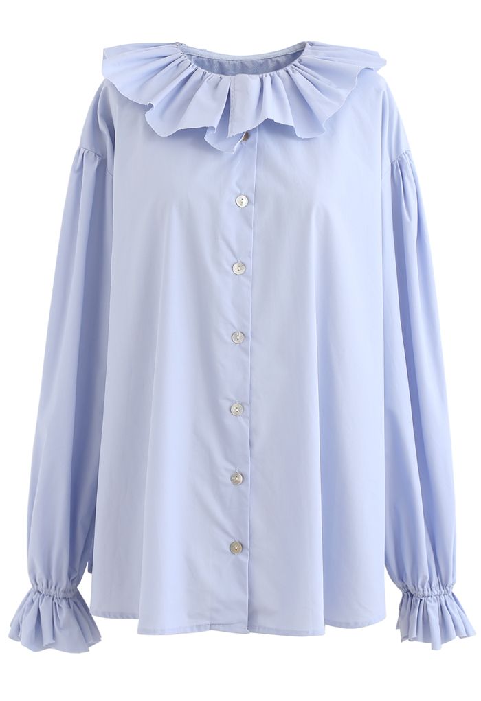 Ruffle Neck Button Down Loose Shirt in Blue