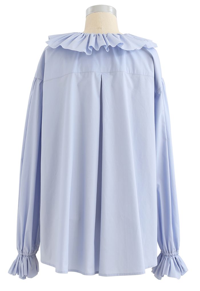 Ruffle Neck Button Down Loose Shirt in Blue