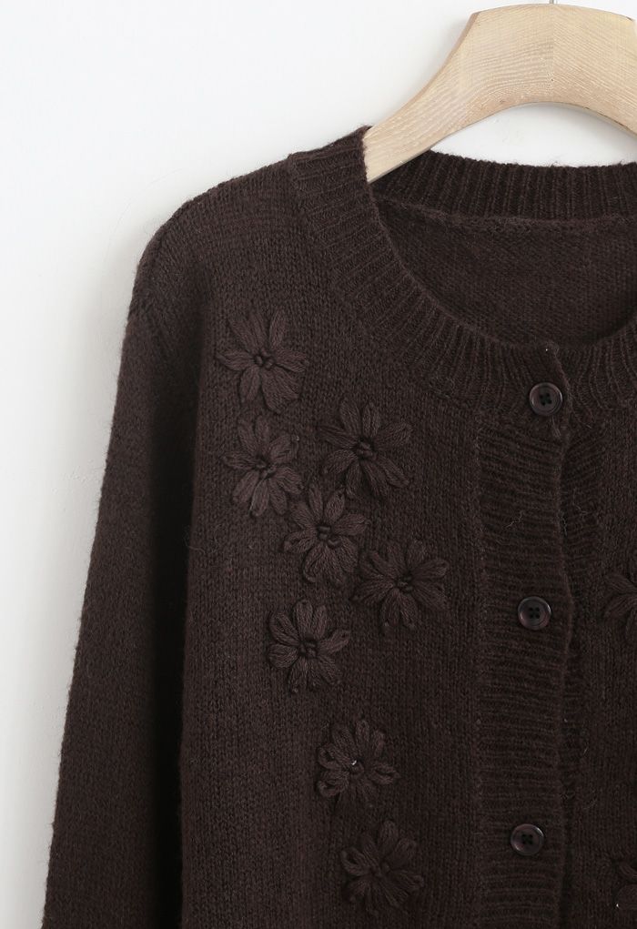 Delicate Stitch Flower Knit Cardigan in Brown