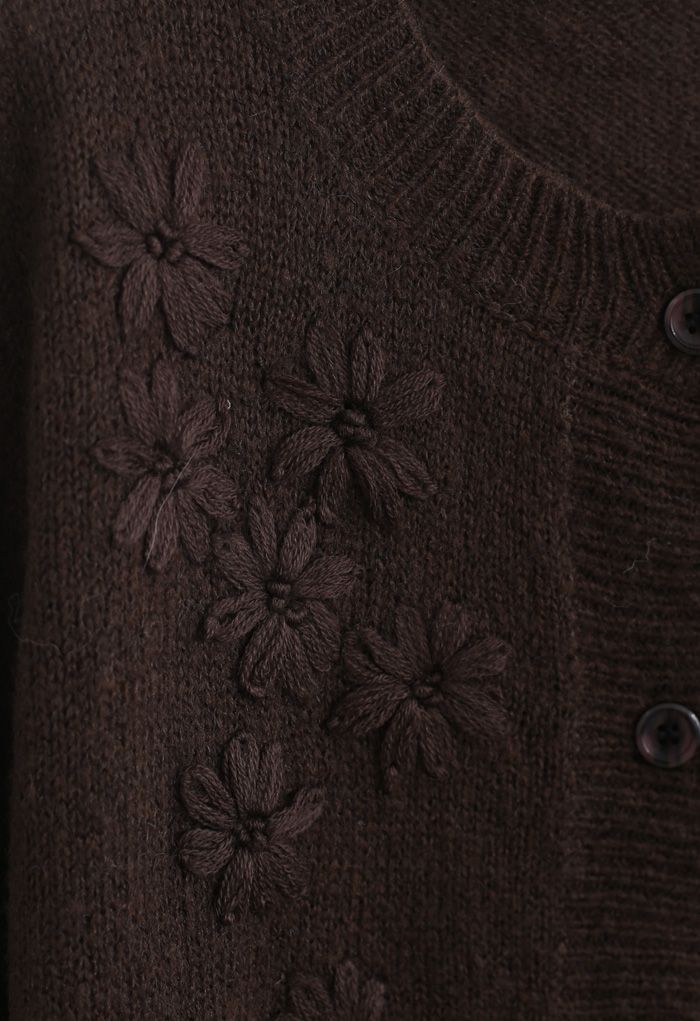 Delicate Stitch Flower Knit Cardigan in Brown