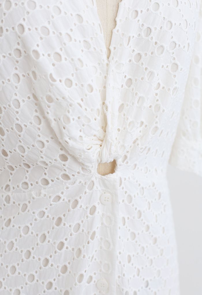 Twist V-Neck Buttoned Eyelet Dress in White