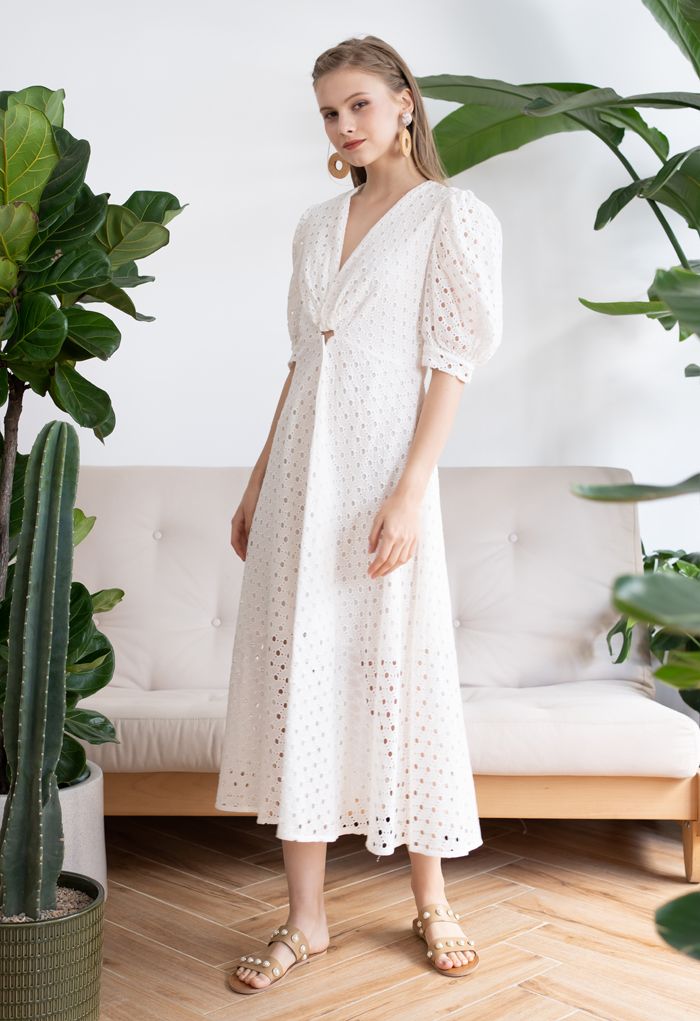 Twist V-Neck Buttoned Eyelet Dress in White