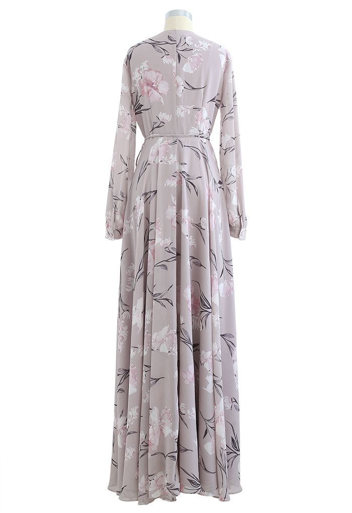 Stunning Lavender Floral Print Wrap Chiffon Maxi Dress